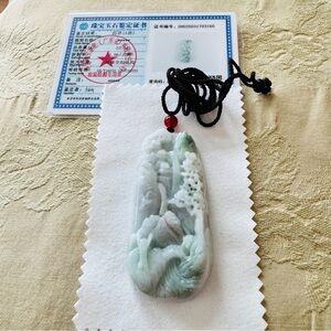 Burma Jade Landscape Pendant with Black Cord and Certificate